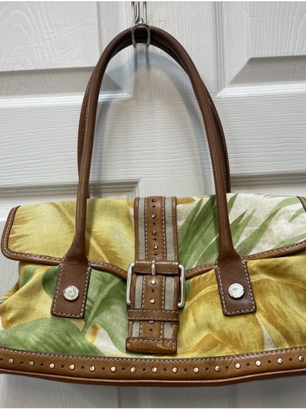 Michael Kors Yellow Green Floral Canvas Tote with Brown Leather Trim